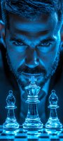 Dramatic portrait of a bearded man in blue lighting looking intensely at glass chess pieces, with king and bishops reflecting on glossy surface. Strategic game concept.