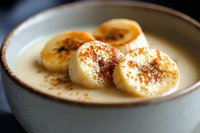 Fresh banana slices topped with caramelized brown sugar and cinnamon in creamy yogurt served in rustic ceramic bowl, macro food photography in natural light.