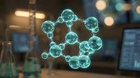 Glowing molecular structure with connected atoms floating in modern laboratory setting with blurred equipment and screens in background for scientific research.