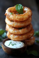Stack of golden crispy onion rings garnished with fresh basil leaves, served with creamy ranch dip in wooden bowl on dark rustic table background.