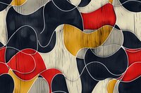 Abstract wavy pattern in red, navy blue, mustard yellow and gray colors with white curved lines on textured background creates modern geometric design.