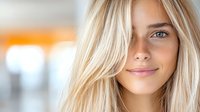 Close up portrait of young blonde woman with natural makeup and gentle smile against blurred bright background, fresh glowing skin and blue eyes.