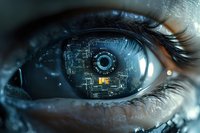 Futuristic cybernetic eye with digital circuit patterns and glowing elements reflecting advanced technology and artificial intelligence concepts in blue tones.