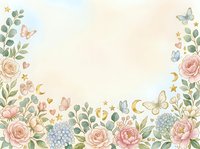 Watercolor floral frame with roses, peonies, hydrangeas, butterflies, and celestial elements on cream background. Isolated design for invitations, cards, and decorative projects.