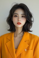 Young Asian woman with short black wavy hair wearing bright orange blazer against light background. Bold red lipstick and natural makeup create modern professional look.