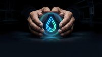 Hands protecting glowing water droplet symbol against dark tech background, representing environmental conservation, sustainability, and eco-friendly innovation for green energy concepts.