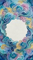 Watercolor Asian clouds frame with swirling teal, pink, and gold tones surrounding a white circle for text or design.