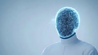 Glowing blue digital network forming human head shape, person wearing white shirt against light background, representing artificial intelligence and mind technology.
