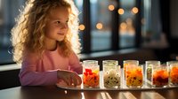Young girl with curly blonde hair smiling while looking at colorful mason jars filled with fruit and berries, illuminated by warm evening light through window.