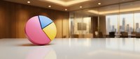 Colorful pie chart sphere on polished floor in modern corporate office lobby with city skyline view for business analytics and data visualization.