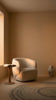 Minimalist interior space featuring a curved cream upholstered armchair, wooden side table, ceramic vase, and circular woven rug on warm beige walls with natural lighting for home decor and design inspiration.