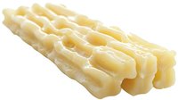 Fresh mozzarella cheese sticks with braided texture and creamy white color isolated on white background, suitable for food packaging and menu design.