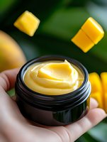 Fresh mango face cream in black jar with flying mango cubes on green background, natural organic skincare product for beauty and cosmetics industry.