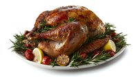 Roasted whole turkey garnished with fresh rosemary, cherry tomatoes, lemon slices and roasted garlic on white plate. Golden brown crispy skin and juicy meat for holiday dinner.