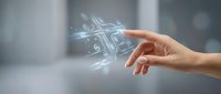 Hand reaching toward glowing digital network connections and data flow symbols in modern technology concept for business innovation and connectivity.