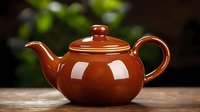 Brown ceramic teapot on wooden surface against blurred green background. Traditional round shape with glossy finish and curved spout for serving tea.