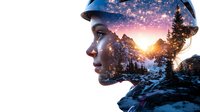 Young African American woman profile double exposure with snowy mountain landscape and sunset, wearing protective helmet. Creative portrait blends nature and industry.