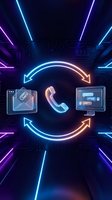 Futuristic neon communication icons with glowing arrows in circular flow on dark tech background for digital marketing and business presentations.