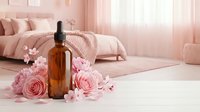 Amber glass dropper bottle with pink roses and petals in soft pink bedroom interior for skincare beauty wellness aromatherapy cosmetic product mockup.