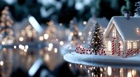 Miniature winter wonderland scene with glowing house, decorated Christmas tree and candy canes on snowy surface against blurred bokeh lights background.