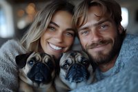 Happy young couple cuddling with two adorable pug dogs at home, family portrait showing love and companionship in cozy domestic setting.