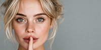 Young blonde woman with finger on lips making silence gesture against neutral gray background. Soft natural makeup and messy updo hairstyle.