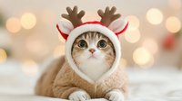 Adorable tabby cat wearing festive reindeer costume with antlers and red accents, cozy holiday sweater, warm bokeh lights background for Christmas cards.