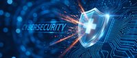 Cybersecurity shield protecting against digital threats with glowing circuit patterns and sparks on blue technology background for business security.