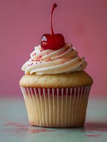 Vanilla cupcake with swirled buttercream frosting topped with a glossy red cherry and pink sprinkles against a soft pink background.