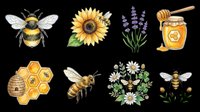 Bee and honey themed collection with isolated elements on transparent background, ready for t-shirt design, clipart, stickers, sublimation and print-on-demand products.