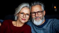 Mature Caucasian couple with gray hair and glasses smiling at camera. Woman in red sweater and man with neat beard in blue sweater share intimate moment.