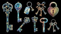 Decorative keys and padlock clipart set, isolated on transparent background. Ornate fantasy key collection for stickers, t-shirt design, print on demand, and sublimation crafts.