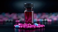 Dark glass medicine bottle with scattered pink and blue pills on black reflective surface against blurred bokeh background. Pharmaceutical concept.