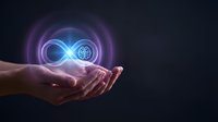 Human hands holding glowing infinity symbol with brain icon representing endless learning, artificial intelligence and continuous innovation concept.