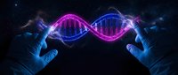 Scientist hands holding glowing DNA double helix structure with pink and blue neon lights against dark background for genetic research and biotechnology concepts.