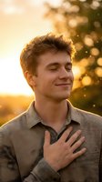 Young Caucasian man with short brown hair wearing beige button-up shirt, hand on chest, smiling with eyes closed during golden hour sunset, outdoor portrait for lifestyle and emotion concepts.