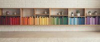 Colorful books arranged by rainbow spectrum on wooden shelf against white brick wall creating organized library display for home office or study room decor.