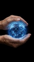 Male hands holding glowing blue digital globe with network connections, representing global technology, data connectivity, and worldwide business innovation on black background.