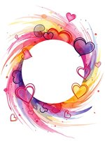 Colorful watercolor heart swirl frame with rainbow brushstrokes and romantic symbols isolated on white background for Valentine's Day designs and love themes.