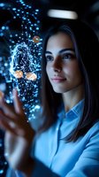 Young woman interacting with glowing blue holographic network visualization, wearing light blue shirt. Dark-haired female exploring digital technology interface.