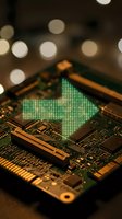 Computer processor chip with glowing binary code hologram projection representing artificial intelligence and digital data processing technology.