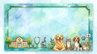 Watercolor veterinary clinic border with golden retriever, cat, beagle, and medical tools on soft blue background. Suitable for pet healthcare, animal hospital designs, and veterinary practice materials.