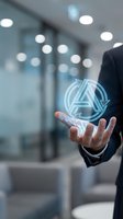 Businessman in dark suit holding glowing circular geometric symbol in modern office with bokeh lights, representing innovation, technology, and corporate vision for business concepts.