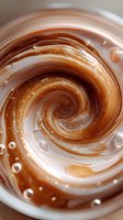 Swirling caramel and cream create mesmerizing spiral pattern with tiny bubbles and smooth texture in macro photography, showing rich dessert ingredients mixing together.