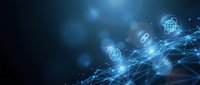 Digital network connections with glowing nodes and data streams on dark blue background for technology presentations and cyber security concepts.