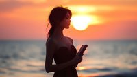 Young Asian woman silhouette reading book against dramatic orange sunset over ocean, peaceful moment with sun reflection on water surface, side view portrait.