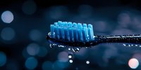 Wet toothbrush with blue bristles on dark background with water drops and bokeh lights creating atmospheric dental hygiene composition.