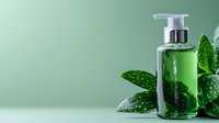 Green cosmetic bottle with pump dispenser and aloe vera leaves on mint background, water drops on glass surface, natural skincare concept for beauty product.