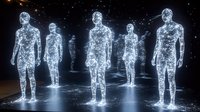 Glowing digital human figures made of light particles standing in dark space, representing artificial intelligence and future technology. Futuristic network concept.
