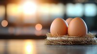 Fresh brown eggs nestled in natural straw nest with soft bokeh background and warm morning sunlight creating cozy rustic atmosphere.